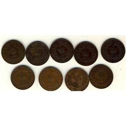 NFLD; Lot of 9 Large Cents; 1865 EF-45,1873 F
