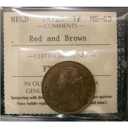 NFLD 1872H 1¢ ICCS MS-63RB, nice red and brow