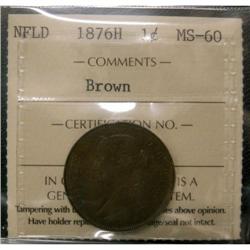 NFLD 1876H 1¢ ICCS MS-60, nice chocolate brow