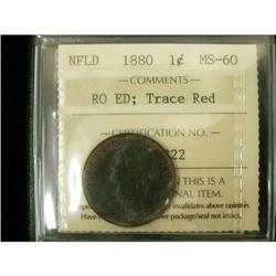 NFLD 1¢ 1880 RO ED ICCS MS-60 trace red, scar