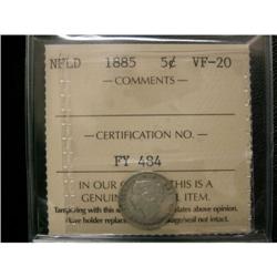 NFLD 5¢ 1885 ICCS VF-20, lightly toned.  A to