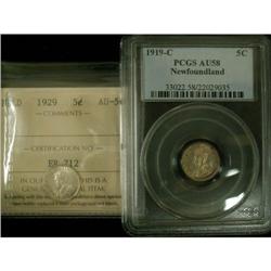 NFLD 1919 5¢ PCGS AU58 and 1929 NFLD 5¢ ICCS