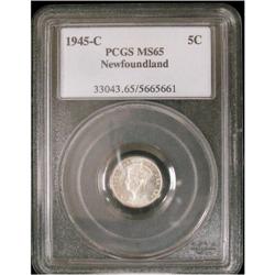 NFLD 1945c 5¢ PCGS MS65.  A nice lustrous exa