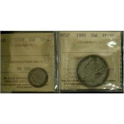 Lot of two ICCS NFLD coins, 1872H 10¢ VF-20 A