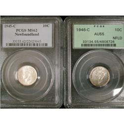 NFLD 1945c and 1946c 10¢ .  Lot of 2 coins bo