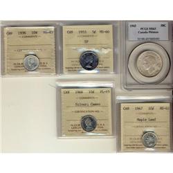 Lot of 5 certified coins, 5 cents 1953 SF ICC