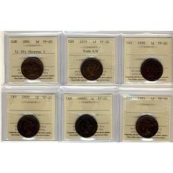 Lot of 6 ICCS graded VF-20 Large Cents; 1858,