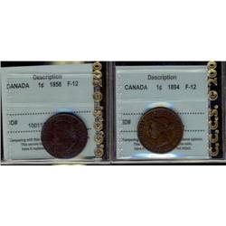 Lot of 2 CCCS F-12 graded Large cents; 1858 a