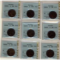 Lot of 9 CCCS VF-20 graded Large cents; 1858,