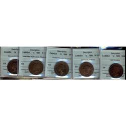 Lot of 5 CCCS EF-40 graded Large Cents; 1858