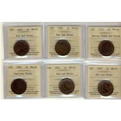 Lot of 6 ICCS graded MS-62RB Large Cents; 185