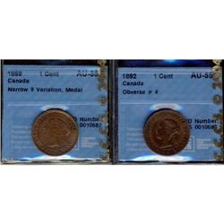 1859 N.9 Variation, medal and 1892 Obv.#4 1¢,