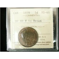 1859 DP#1 Narrow 9  1¢ ICCS MS60, some lustre