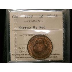 1859 Narrow 9 1¢ ICCS MS-64 RED, a really nic