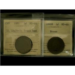 Lot of 2 coins, 1890H 1¢ and 1891 1¢ LLLD, Ob