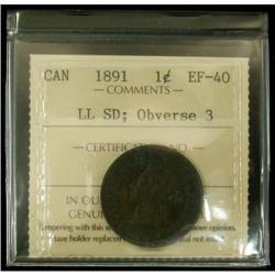 1891 1¢ LL SD, Obv 3 ICCS EF-40. Scarce date
