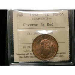 1892 Obv#3 ICCS MS64 Red, 90% red lustre. A n