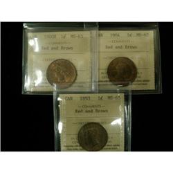 Lot of 3 ICCS graded MS-63 RB Large Cents; 18