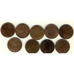 Lot of 9 Large cents; 1902, 1903, 1904, 1905,