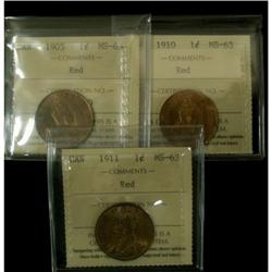 Lot of 3 ICCS graded MS-63 RED Large cents; 1