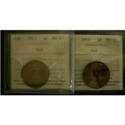 1914 and 1915 1¢, both ICCS MS-63 Red