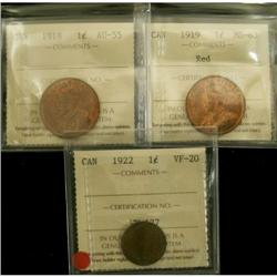 Lot of 3 ICCS graded 1¢, includes 1918 AU55,