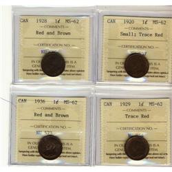 Lot of 4 ICCS graded MS-62 Small Cents, 1920,