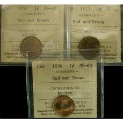 Lot of 3 ICCS graded MS-63RB 1¢; 1933, 1935,