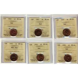 Lot of 6 ICCS graded MS-64Red; 1937, 1943, 19