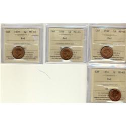 1937 to 1952 1¢ ICCS MS65 Red.  Lot of 4 coin