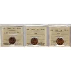 Lot of three ICCS graded small cents, 1938, 1
