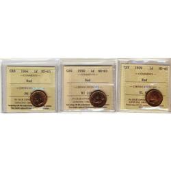 Lot of 3 ICCS MS-65 Red small cents; includes