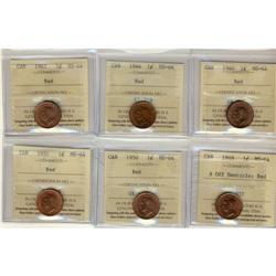 Lot of 6 ICCS MS-64 Red small cents; 1940, 19