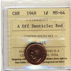 1948 A off dent. 1¢ ICCS MS-64 Red, a superb