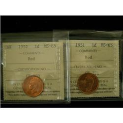 1951 and 1952 1¢ both ICCS MS65 Red, both ful