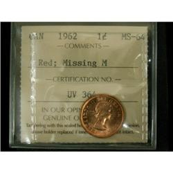 1 Cent 1962, graded ICCS MS-64; Red, Missing