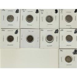 1858 to 1915 5¢. Lot of 9 coins including 185