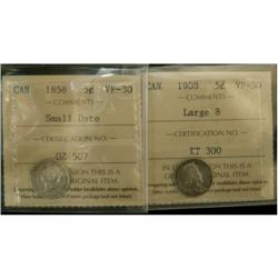 Lot of 2 ICCS VF-30 graded Five cents; 1858 S