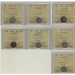Lot of 7 ICCS graded VF-30 Five Cents; 1858 S
