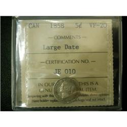 1858 Large date var. 5¢ ICCS VF-20, light sil