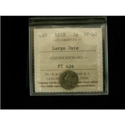 1858 5¢ Lg Date ICCS VF20, Nice appealing typ