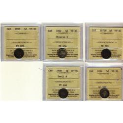 1872H 5¢ to 1908 5¢.  Lot of 5 coins all ICCS