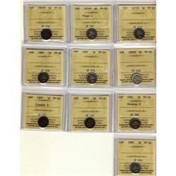 Lot of 10 ICCS graded VF-20 Five Cents; 1872H