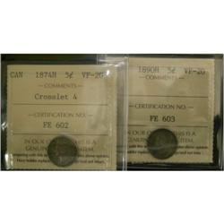 1874H and 1890H 5¢. Lot of two coins both ICC