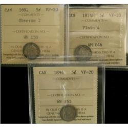 Lot of 3 5¢ coins all ICCCS graded VF20.  Inc