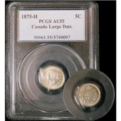 1875H Large date  5¢  PCGS AU55. Brilliant an