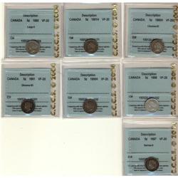 Lot of 7 CCCS VF-20 graded Five Cents; 1880H