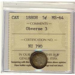 1880H Obv#3 5¢ ICCS MS64 PQ+ Nice tone over f