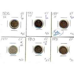 Lot of  six  Victorian Five Cents silver,  In