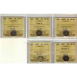 Lot of 5 ICCS graded EF-40 Five Cents; 1881H,